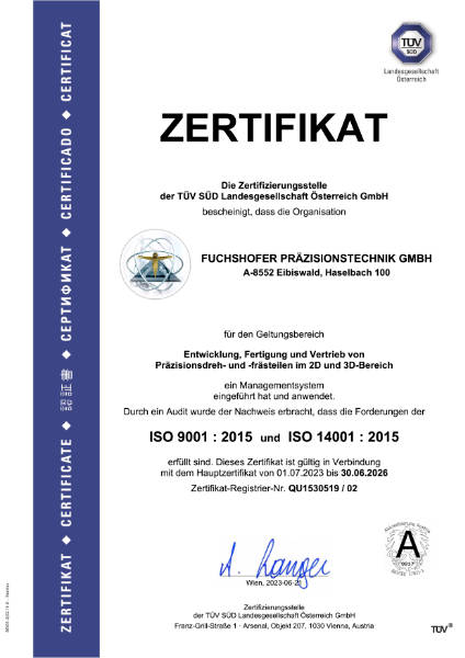 Zertifikat A4 ISO 900114001 Fuchshofer Prazision d 2023